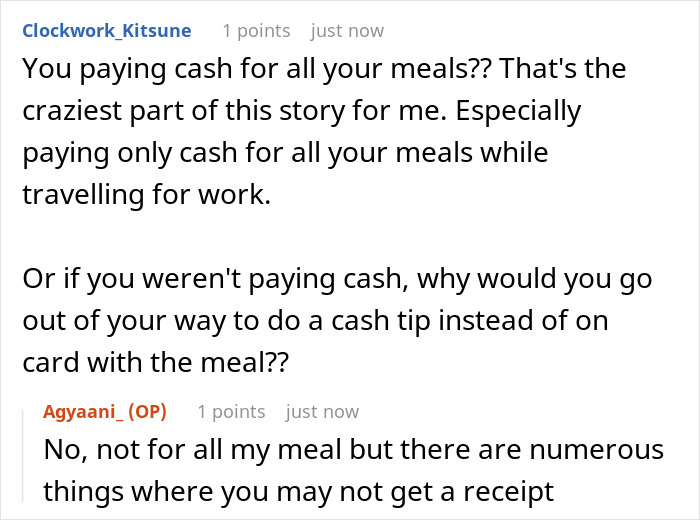 Online discussion about cash payments and meal reimbursements. Online discussion about cash payments and meal reimbursements.