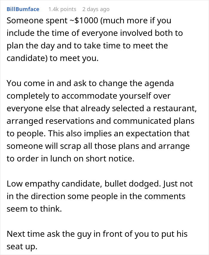 Text commentary on company rejecting candidate for preferring office lunch. Text commentary on company rejecting candidate for preferring office lunch.