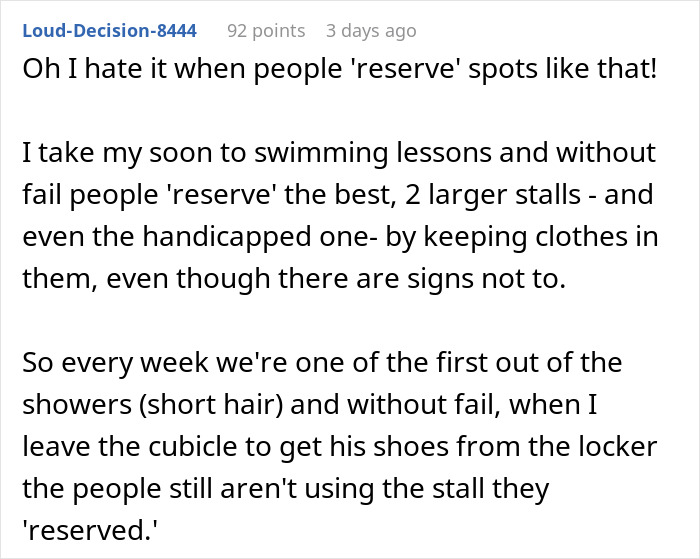 Text describing petty revenge at a resort, highlighting selfish behavior in reserved areas. Text describing petty revenge at a resort, highlighting selfish behavior in reserved areas.
