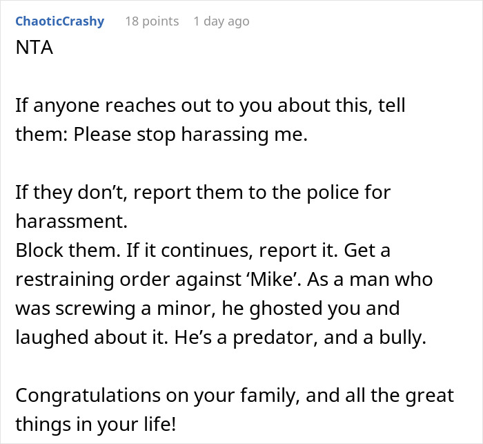 Reddit post offering advice on dealing with harassment from ex who abandoned pregnant girlfriend. Reddit post offering advice on dealing with harassment from ex who abandoned pregnant girlfriend.