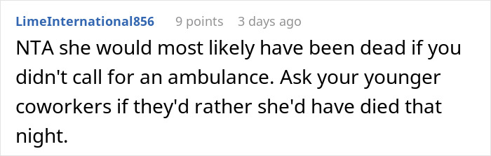 Screenshot of a comment discussing calling an ambulance for a coworker. Screenshot of a comment discussing calling an ambulance for a coworker.