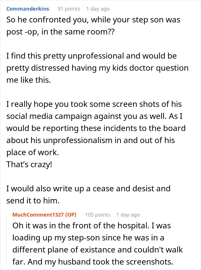 Reddit comment discussing unprofessional behavior of confronting step-son's caregiver. Reddit comment discussing unprofessional behavior of confronting step-son's caregiver.