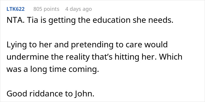 Comment about teen and dad's ex GF, discussing a situation involving Tia and her reaction to John's actions. Comment about teen and dad's ex GF, discussing a situation involving Tia and her reaction to John's actions.