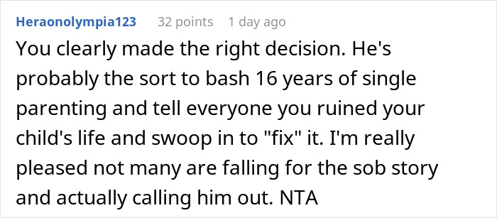 Comment discussing a teen guilt-tripping an ex for adoption decision after 16 years. Comment discussing a teen guilt-tripping an ex for adoption decision after 16 years.