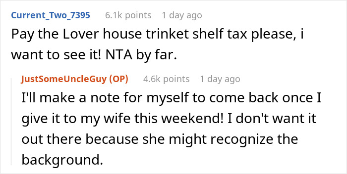 Reddit comments about a man making a replica of a famous house for his wife; users discuss sharing details later. Reddit comments about a man making a replica of a famous house for his wife; users discuss sharing details later.