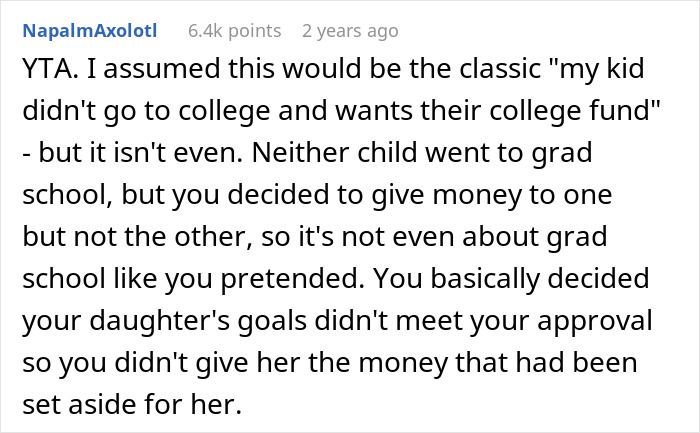 Reddit comment discussing parental favoritism in college funding. Reddit comment discussing parental favoritism in college funding.