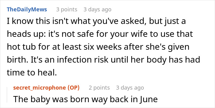 Comments about using a hot tub safely after childbirth, seeking advice on maintaining an unwanted expensive gift. Comments about using a hot tub safely after childbirth, seeking advice on maintaining an unwanted expensive gift.