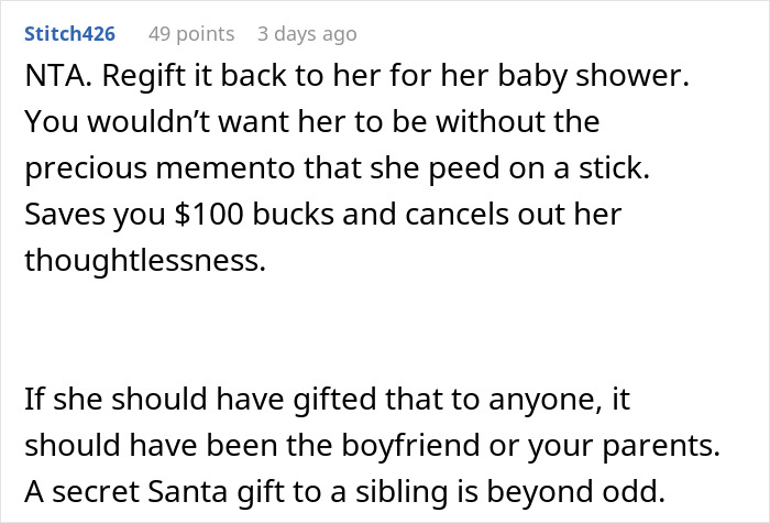 Comment discussing a sister’s pregnancy announcement not being a suitable Christmas present. Comment discussing a sister’s pregnancy announcement not being a suitable Christmas present.