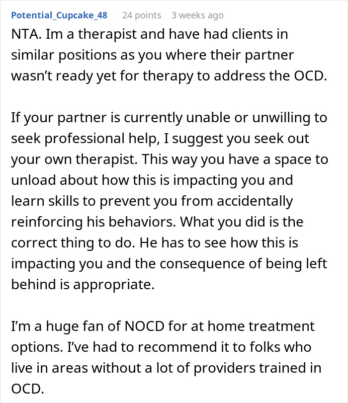 A Reddit comment discussing OCD, therapy, and supporting partners in relationships. A Reddit comment discussing OCD, therapy, and supporting partners in relationships.