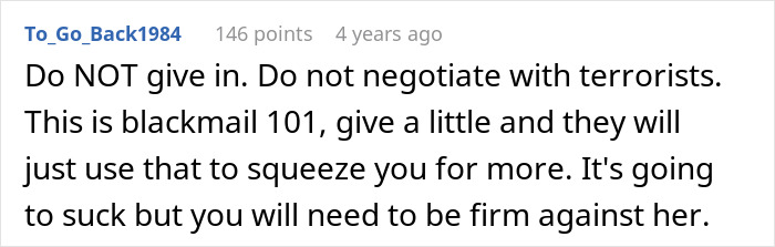 Reddit comment advising against giving in to demands from a toxic mom about inheritance. Reddit comment advising against giving in to demands from a toxic mom about inheritance.