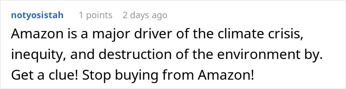 Comment criticizing Amazon, mentioning climate crisis and urging boycott. Comment criticizing Amazon, mentioning climate crisis and urging boycott.