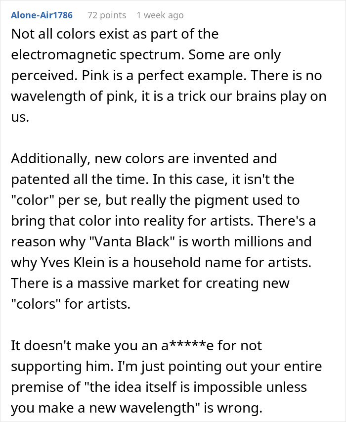 Text discussing the difficulty and market potential of inventing new colors, referencing Vanta Black and Yves Klein. Text discussing the difficulty and market potential of inventing new colors, referencing Vanta Black and Yves Klein.