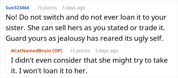 Text exchange about a sister wanting another's heirloom ring but being refused due to jealousy concerns. Text exchange about a sister wanting another's heirloom ring but being refused due to jealousy concerns.