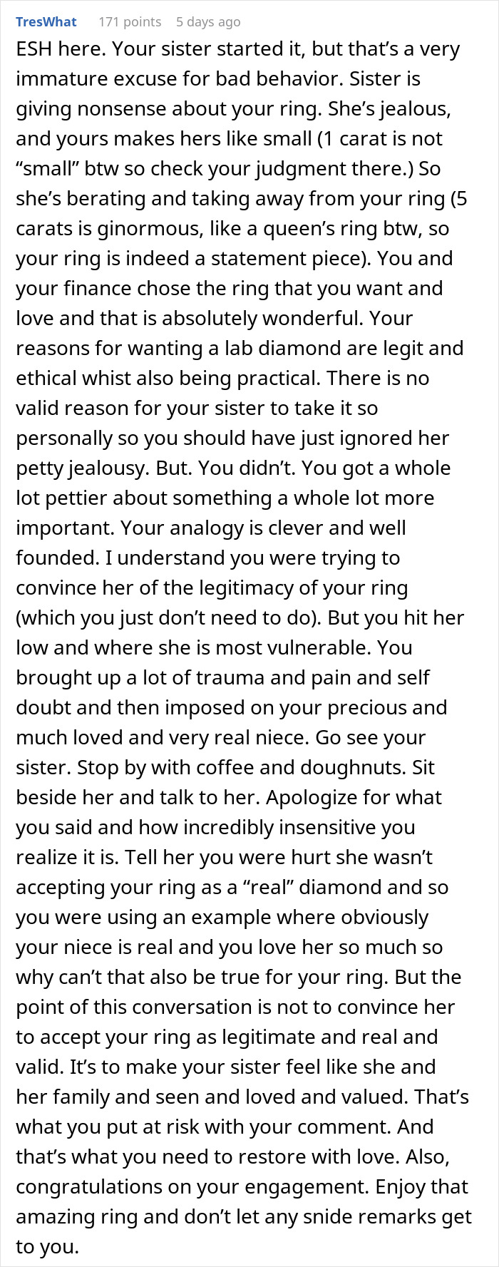 A Reddit comment discussing sibling argument over engagement ring and questioning baby's realness. A Reddit comment discussing sibling argument over engagement ring and questioning baby's realness.
