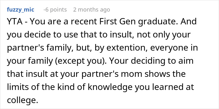 Comment discussing a recent first-generation college graduate's behavior toward family. Comment discussing a recent first-generation college graduate's behavior toward family.