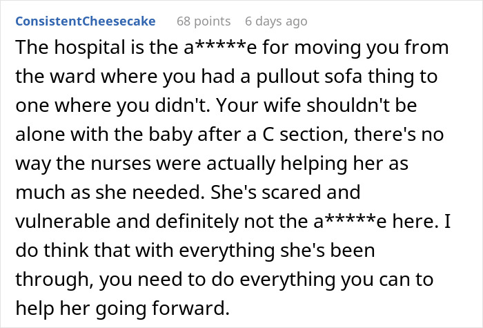 Comment discussing husband's responsibility to support wife after C-section. Comment discussing husband's responsibility to support wife after C-section.