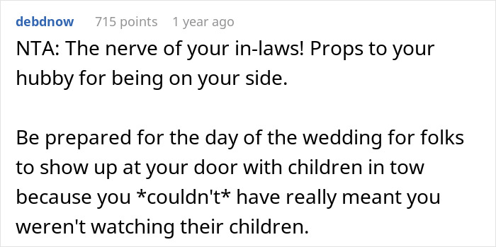 Reddit comment discussing family pressures on a woman to care for kids at a brother-in-law's wedding. Reddit comment discussing family pressures on a woman to care for kids at a brother-in-law's wedding.