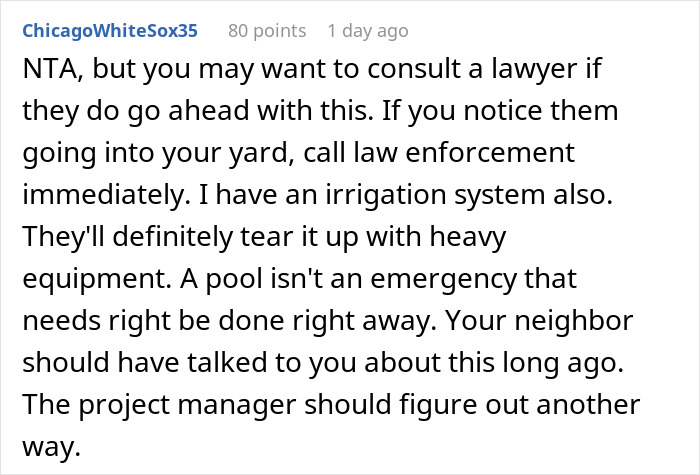 Text response discussing neighbors-yard-use and legal advice regarding unauthorized yard access. Text response discussing neighbors-yard-use and legal advice regarding unauthorized yard access.