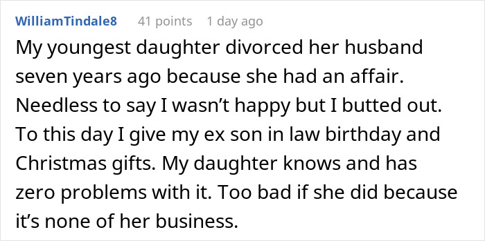 Text message about ex-son-in-law's birthday gifts, unrelated to ex-MIL gifting woman bracelet for her 30th birthday. Text message about ex-son-in-law's birthday gifts, unrelated to ex-MIL gifting woman bracelet for her 30th birthday.