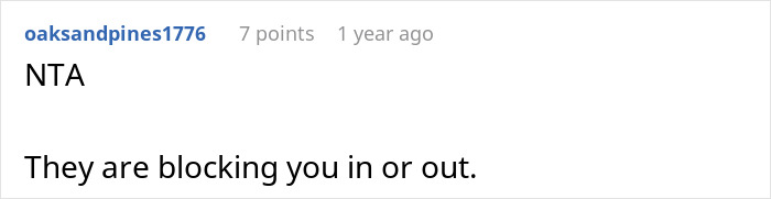 Comment discussing car-driveway-block issue, mentioning being blocked in or out. Comment discussing car-driveway-block issue, mentioning being blocked in or out.