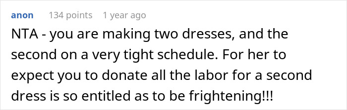 Online comment about bridal shop owner declining to make a free second wedding dress, deeming the request unfair. Online comment about bridal shop owner declining to make a free second wedding dress, deeming the request unfair.