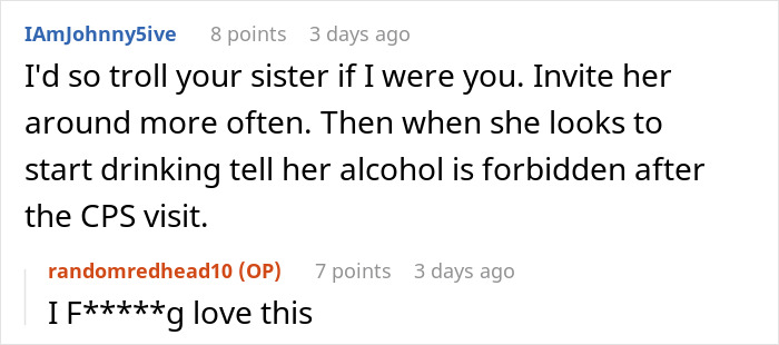 Reddit comment discussing a CPS situation, suggesting trolling a sister after a betrayal. Reddit comment discussing a CPS situation, suggesting trolling a sister after a betrayal.