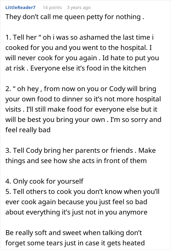 Text conversation suggesting responses to SIL's new allergy during dinners. Text conversation suggesting responses to SIL's new allergy during dinners.