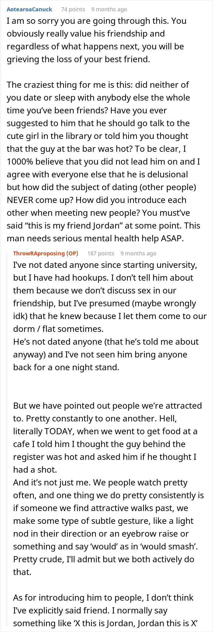 Reddit discussion about a friend's romantic rejection, featuring different user comments and points of view. Reddit discussion about a friend's romantic rejection, featuring different user comments and points of view.
