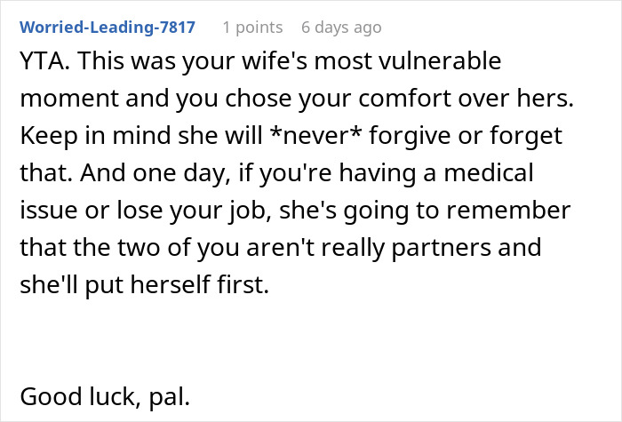 Text response criticizing a man for leaving his wife after her C-section, highlighting emotional consequences. Text response criticizing a man for leaving his wife after her C-section, highlighting emotional consequences.