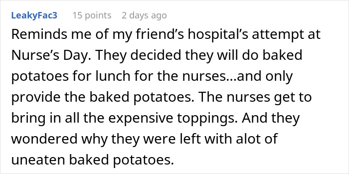 Text comment about an appreciation potluck offering only baked potatoes, leading to disappointment. Text comment about an appreciation potluck offering only baked potatoes, leading to disappointment.