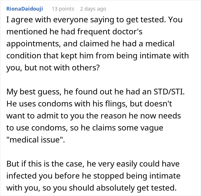 Text discussing a man's discovery of his partner cheating for two years, with advice to get tested. Text discussing a man's discovery of his partner cheating for two years, with advice to get tested.