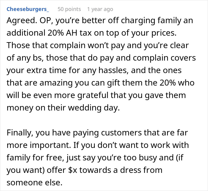 Screenshot of a comment discussing a bridal shop owner's dilemma about making a wedding dress for free. Screenshot of a comment discussing a bridal shop owner's dilemma about making a wedding dress for free.