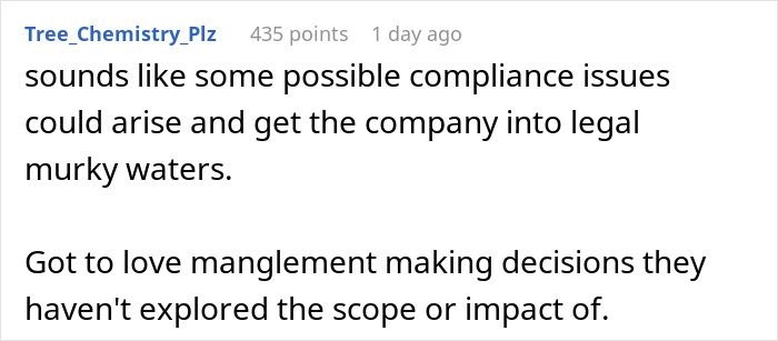 Text comment on management issues leading to potential compliance problems and unconsidered decisions. Text comment on management issues leading to potential compliance problems and unconsidered decisions.