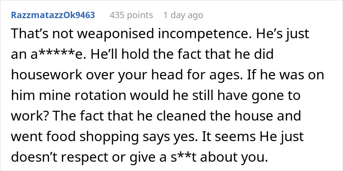 Text screenshot about husband using weaponized incompetence in a relationship discussion. Text screenshot about husband using weaponized incompetence in a relationship discussion.