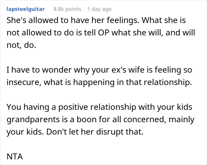 Reddit comment discussing a woman's positive relationship with ex-MIL despite a fuss from ex's new wife. Reddit comment discussing a woman's positive relationship with ex-MIL despite a fuss from ex's new wife.