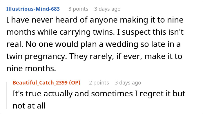 Reddit comment thread discussing pregnancy on wedding day and reactions at the reception. Reddit comment thread discussing pregnancy on wedding day and reactions at the reception.