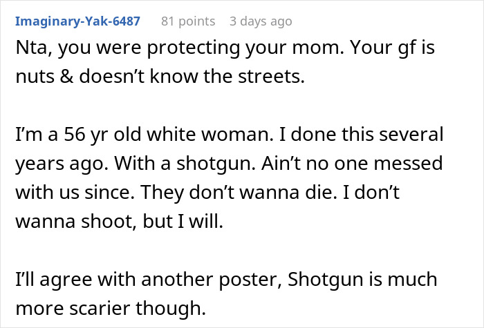 Reddit comment discussing self-defense, mentioning use of a gun to deter intruders. Reddit comment discussing self-defense, mentioning use of a gun to deter intruders.