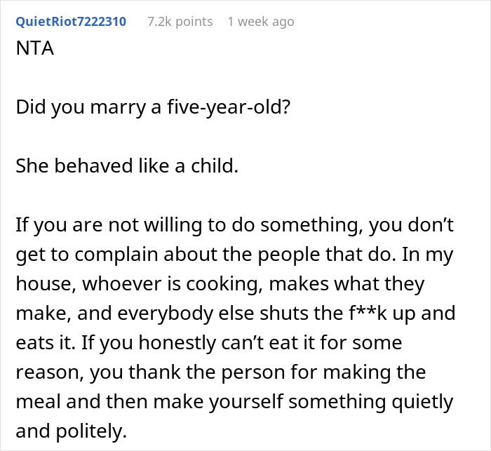 Text from Reddit about a husband-wife cooking drama, discussing maturity and gratitude. Text from Reddit about a husband-wife cooking drama, discussing maturity and gratitude.