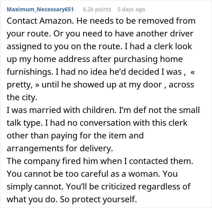 Reddit comment about an Amazon driver leaving an inappropriate note, expressing concerns about safety and reporting the issue. Reddit comment about an Amazon driver leaving an inappropriate note, expressing concerns about safety and reporting the issue.
