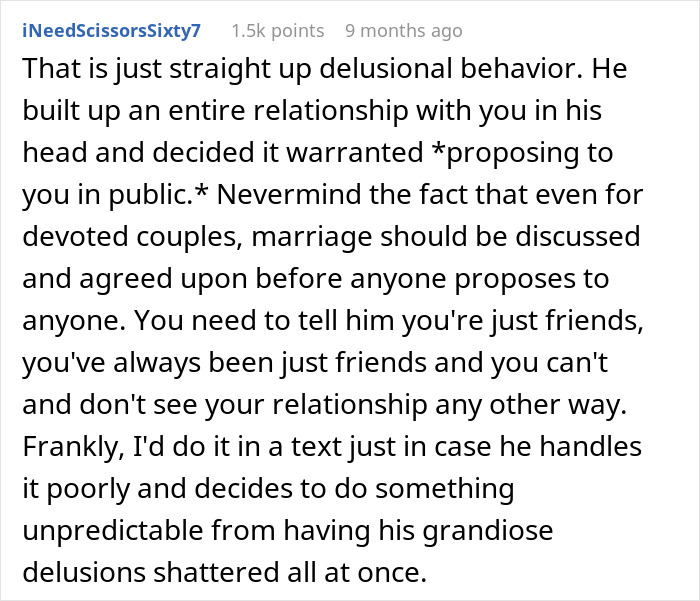 Comment criticizing a public proposal after catching a friend off guard, advising communication about relationship boundaries. Comment criticizing a public proposal after catching a friend off guard, advising communication about relationship boundaries.
