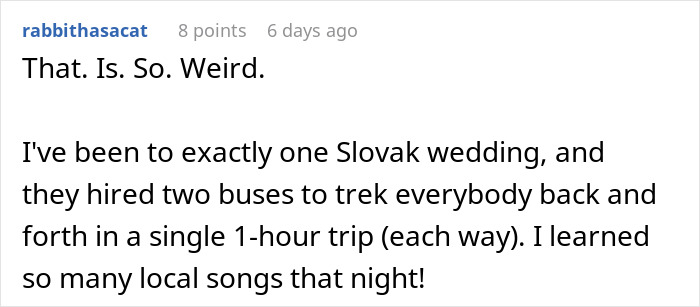 Comment discussing a Slovak wedding transport arrangement using two buses for guests. Comment discussing a Slovak wedding transport arrangement using two buses for guests.