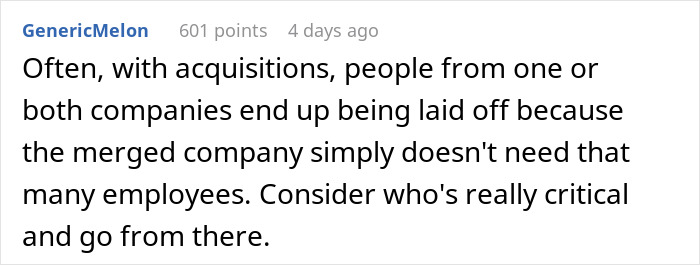 Reddit comment discussing layoffs during company acquisitions. Reddit comment discussing layoffs during company acquisitions.