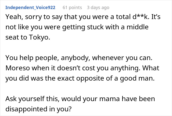 Text from a forum discussing refusal to let a dad and son sit together on a flight. Text from a forum discussing refusal to let a dad and son sit together on a flight.