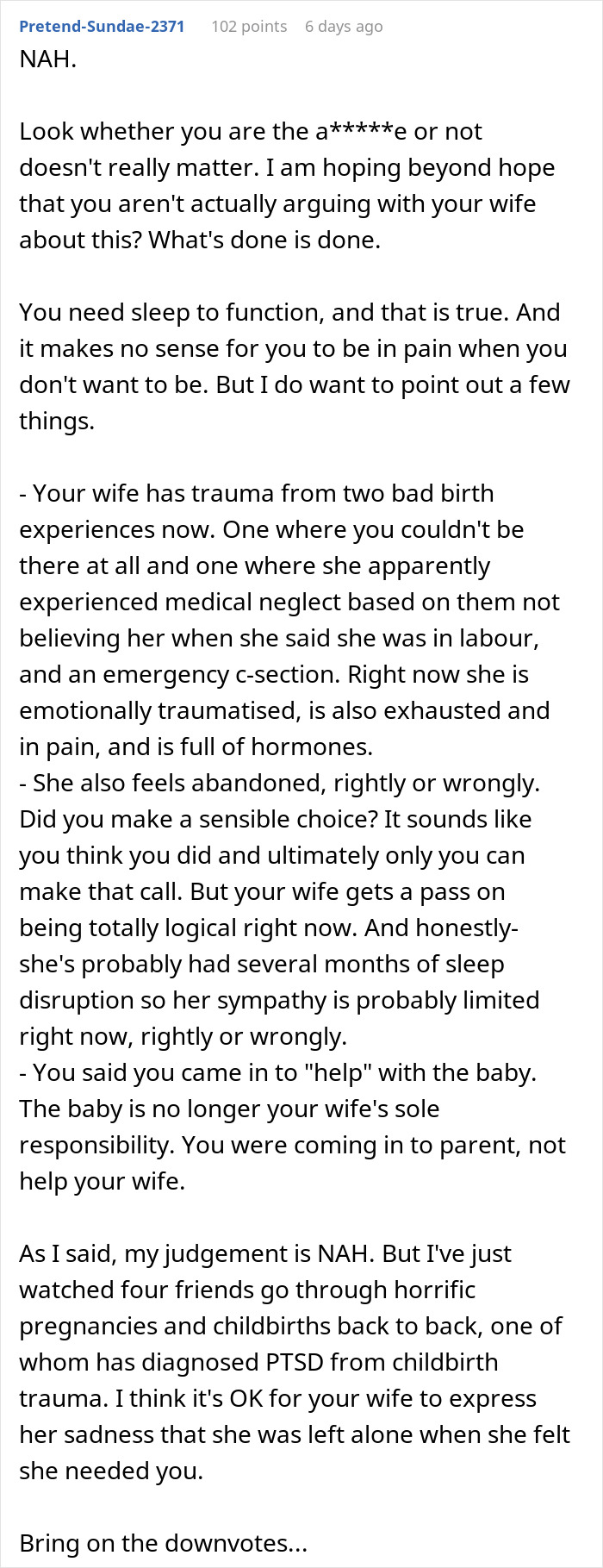 Reddit post discussing man's decision not to stay with his wife after her C-section. Reddit post discussing man's decision not to stay with his wife after her C-section.