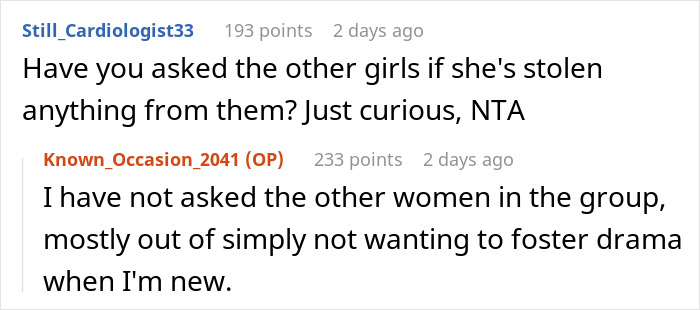 Reddit comments discussing concerns about a kleptomaniac in a social group. Reddit comments discussing concerns about a kleptomaniac in a social group.