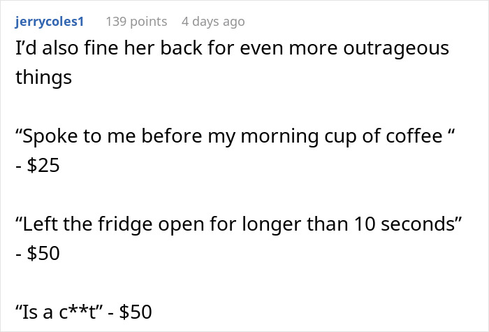 Text screenshot about outrageous, made-up house rules and related fines. Text screenshot about outrageous, made-up house rules and related fines.