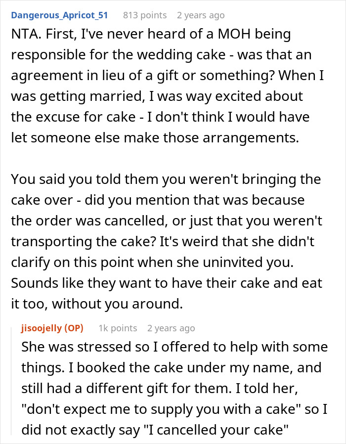 Reddit comments discussing a canceled wedding cake order due to the bride uninviting her ex-BFF. Reddit comments discussing a canceled wedding cake order due to the bride uninviting her ex-BFF.
