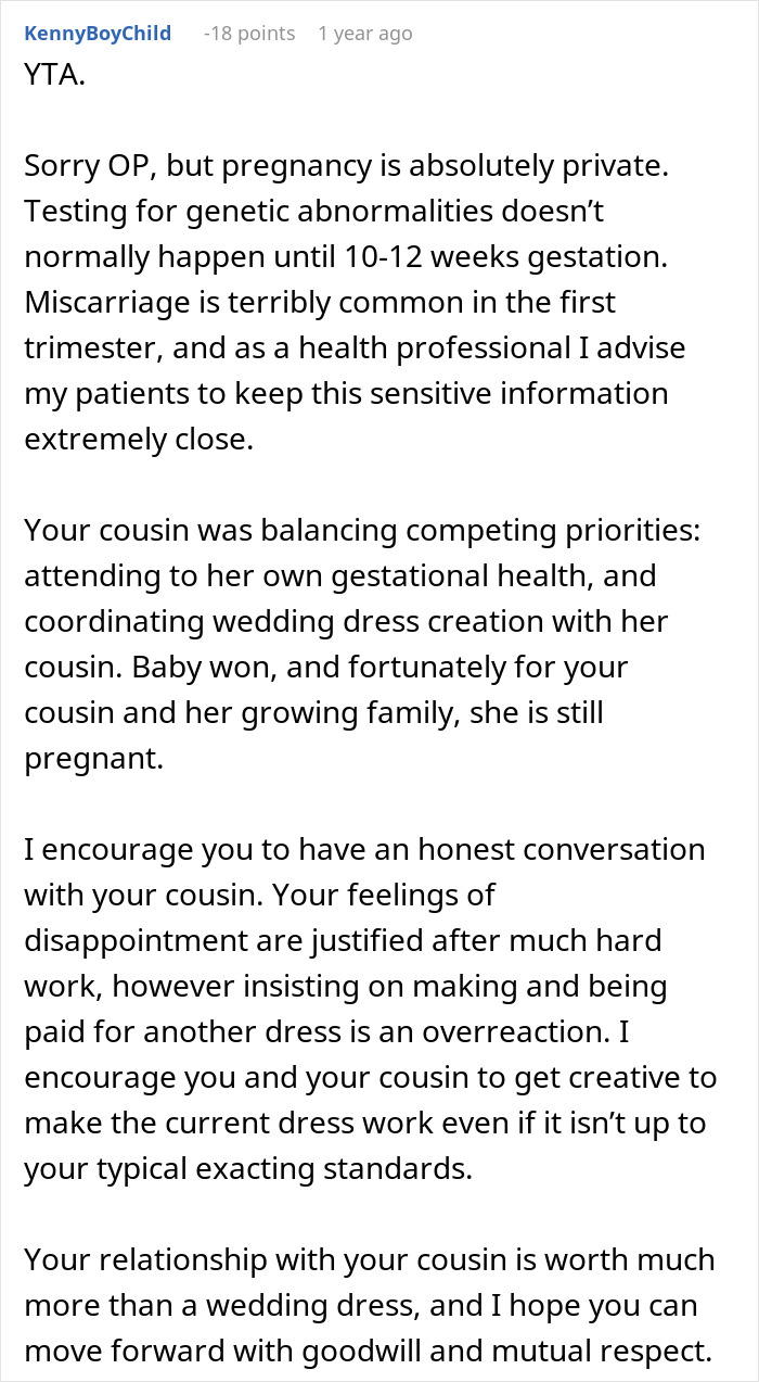 Text conversation about refusing a second wedding dress for free, causing family feud. Text conversation about refusing a second wedding dress for free, causing family feud.