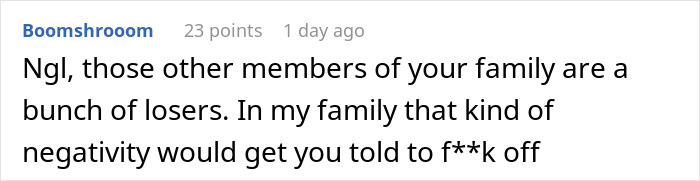 Comment discussing negativity in a family about dating someone wealthier. Comment discussing negativity in a family about dating someone wealthier.