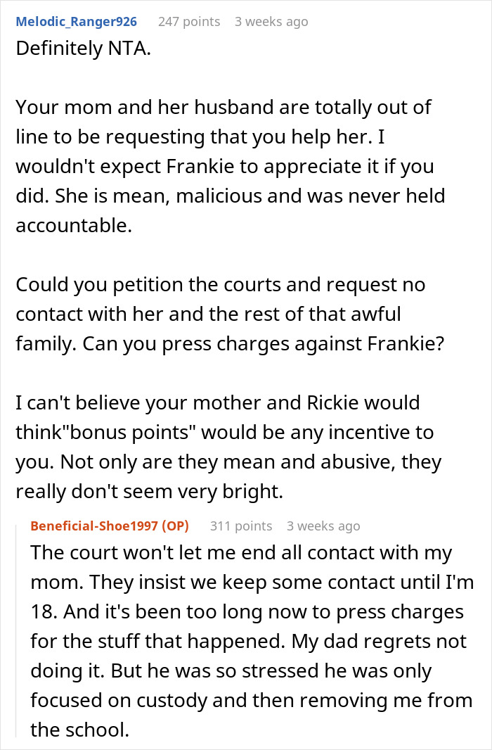 Reddit conversation discussing teen's bullying experience and family issues. Reddit conversation discussing teen's bullying experience and family issues.